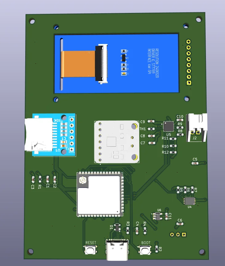 3D render — bottom side with ESP32-S3, SD and charger
